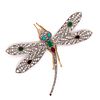 Art Nouveau Platinum 18k Diamond Emerald Turquoise Dragonfly BroochÂ 