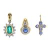 A selection of three diamond and gem-set pendants. To include an 18ct gold emerald and diamond clust