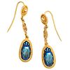 LOUIS COMFORT TIFFANY FAVRILE GLASS EGYPTIAN REVIVAL SIGNED GOLD EARRINGS