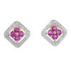 A pair of 9ct gold ruby and diamond ear studs. Each of square-shape outline, the circular-shape ruby