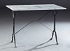 Parisian Marble and Wrought Iron Bistro Table, 20th c., the highly figured rounded edge white rectangular marble top on a long trestle base joined by 