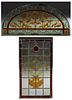 Two Hand Painted Leaded Stained Glass Windows, late 19th c., one an arched transom with leaf decoration, the other with a ruby glass border around a r