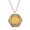 A sovereign pendant. The sovereign, dated 1982, within a 9ct gold geometric surround, suspended from