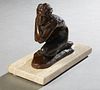 Victor Salmones (1937-1989, Mexican), "Kneeling Nude Man with Arms Wrapped," 20th c., patinated bronze, 2/10, on a figured tan marble plinth, signed a