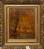 J.L. Russell, "Fall Landscape," 19th/20th c., oil on board, signed indistinctly lower right, presented in a gilt frame, H.- 8 1/8 in., W.- 6 5/8 in., 