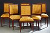 Set of Six French Louis XVI Style Carved Walnut Dining Chairs, 20th c., reeded rectangular upholstered back to a trapezoid cushioned seat, on turned t