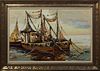 Raymond Scully (Louisiana), "Fisherman's Boat," 20th c., oil on canvas board, signed lower right, with artist label en verso, presented in a gilt fram