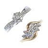 A selection of three diamond rings. To include a 9ct gold diamond crossover ring, a diamond floral r