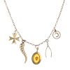A 9ct gold necklace. The curb-link chain, suspending five charms, to include a wishbone and cross, t