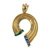 An 18ct gold sapphire pendant. Designed as a stylised ribbon, the curved panel, with green enamel an
