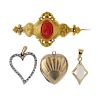 A selection of jewellery. To include a rose-cut diamond heart pendant, a red paste pendant, an opal