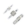 A selection of three diamond rings. To include a 9ct gold square-shape diamond single-stone ring, a