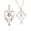 A selection of three early 20th century 9ct gold gem-set pendants. To include an amethyst and scroll