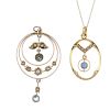 Two gem-set pendants. To include an early 20th century gold openwork pendant with aquamarine foliate