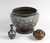Three items of cloisonne. Comprising a jardiniere, a small bud vase and an incense burner and cover