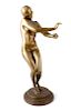 A 20th century bronze figure. Modelled as a dancing female nude, upon stepped circular base inscribe