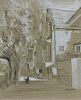 A box containing a framed and glazed charcoal sketch, with white watercolour wash, street scene with