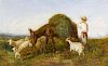 Oil on canvas Continental harvest scene with young farmer beside donkey, goats and sheep Unsigned 21
