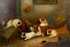 Oil on canvas Interior barn scene of ratting terriers Indistinctly signed to lower right hand corner
