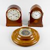 An early 20th century mantel clock and aneroid barometer, the inlaid mahogany clock of lancet arch f