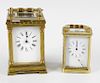 Two brass carriage clocks to restore. Comprising: An Anglaise-cased example with two train movement