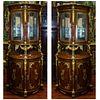 Pair of Modern Empire Style Figural Bronze Mounted Vitrines. Rouge marble columns, marquetry design, bowed glass