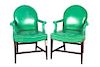 A Pair of Green Faux Leather Library Chairs Height 27 1/2 inches x width 26 inches x depth 17 7/8 inches.