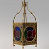 English Arts and Crafts Brass and Glass Three-Light Lantern