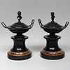 Pair of Italian Grand Tour Bronze Covered Urns on Marble Socles