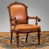 Renaissance Revival Walnut Inlaid Burlwood and Metal-Mounted Armchair