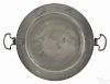 New York pewter warming dish, ca. 1775, bearing the touch of Henry Will, 9 1/2'' dia.