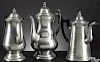 Three Americana pewter coffee pots, 19th c., bearing the touches of Boardman & Co., New York