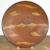 New England redware charger, 19th c., with yellow slip decoration, 14 5/8'' dia.