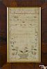 English silk on linen sampler, dated 1756, wrought by Mary Fisher, 13'' x 7 1/2''.