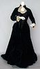 BEADED BLACK VELVET BUSTLE DRESS, 1880s