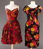 TWO RED FLORAL PARTY DRESSES, 1950s