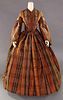 BROWN & BLACK PLAID SILK DAY DRESS, EARLY 1850s