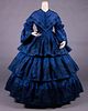 SAPPHIRE BLUE PATTERNED SILK DAY DRESS, MID 1850s