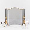 Pair of Brass Andirons with a Shaped Gallery and a Modern Folding Fire Screen.