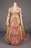 SILK BROCADE & PINK FAILLE TRAINED GOWN, 1880s