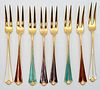 Set of Eight DA Norway Silver Gilt Cocktail Forks, having enameled handles, length 5 inches, 3.71 t.oz.