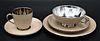 94 Piece Set of Charles Ahrenfeldt Porcelain Tea and Coffee Dessert Setting, having tan and silver color consisting of 18 coffee cups, 18 coffee plate