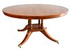 Elmwood Round Single Pedestal Dining Table, height 30 inches, diameter 60 inches, opens to 60" x 102", with two 21 inch leaves.