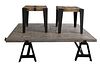 Three Piece Living Room Table Set, to include large barnwood style coffee table with iron base, and a pair of matching side stands with iron legs, cof