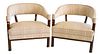 Pair of Mid Century Modern Club Chairs, having open arm and back with brass cap feet, height 26 inches, width 27 inches.