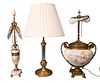 Three Table Lamps, to include french porcelain table lamp in urn form painted with cherubs and bronze mounts; small marble urn for lamp; and a contemp