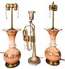 Three Table Lamps, to include a pair of Bristol glass painted vases made into lamps, along with a trumpet made into lamp, Bristol height 26 inches, tr