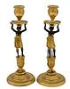 Pair of French Bronze Figural Candlesticks, each having nude female shaft, standing on a pedestal with claw feet on circular base, height 8 1/4 inches