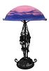 Muller Fres Luneville Table Lamp, having blue and pink art glass shade on metal base, height 18.5 inches, diameter 14 inches.