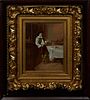 Cropsey Thompson, "Man Smoking a Long Pipe after Dinner," 19th c., oil on canvas, signed lower right, presented in a gilt frame within an enclosed woo